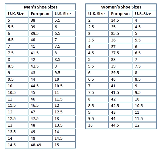 international men's shoes chart